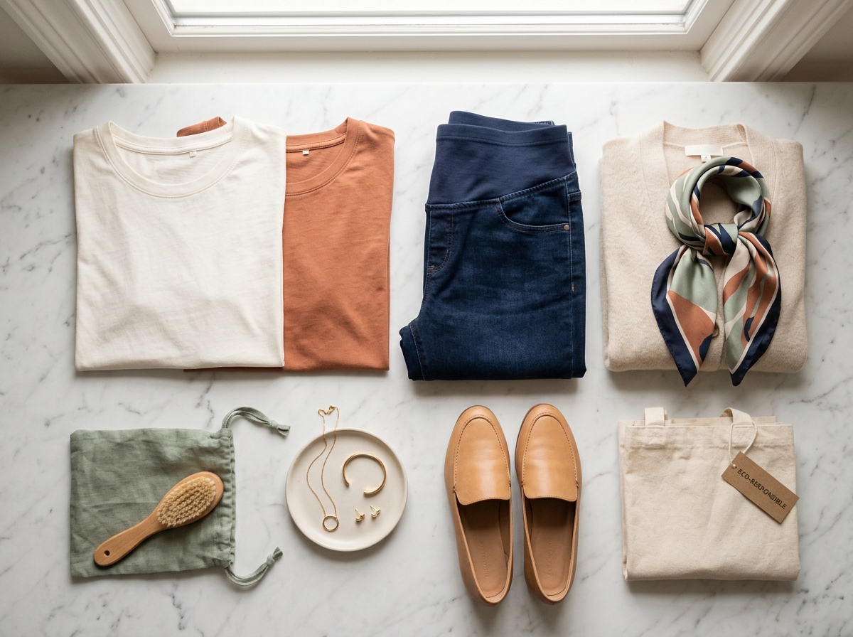 Flat lay essentiels garde-robe maternite